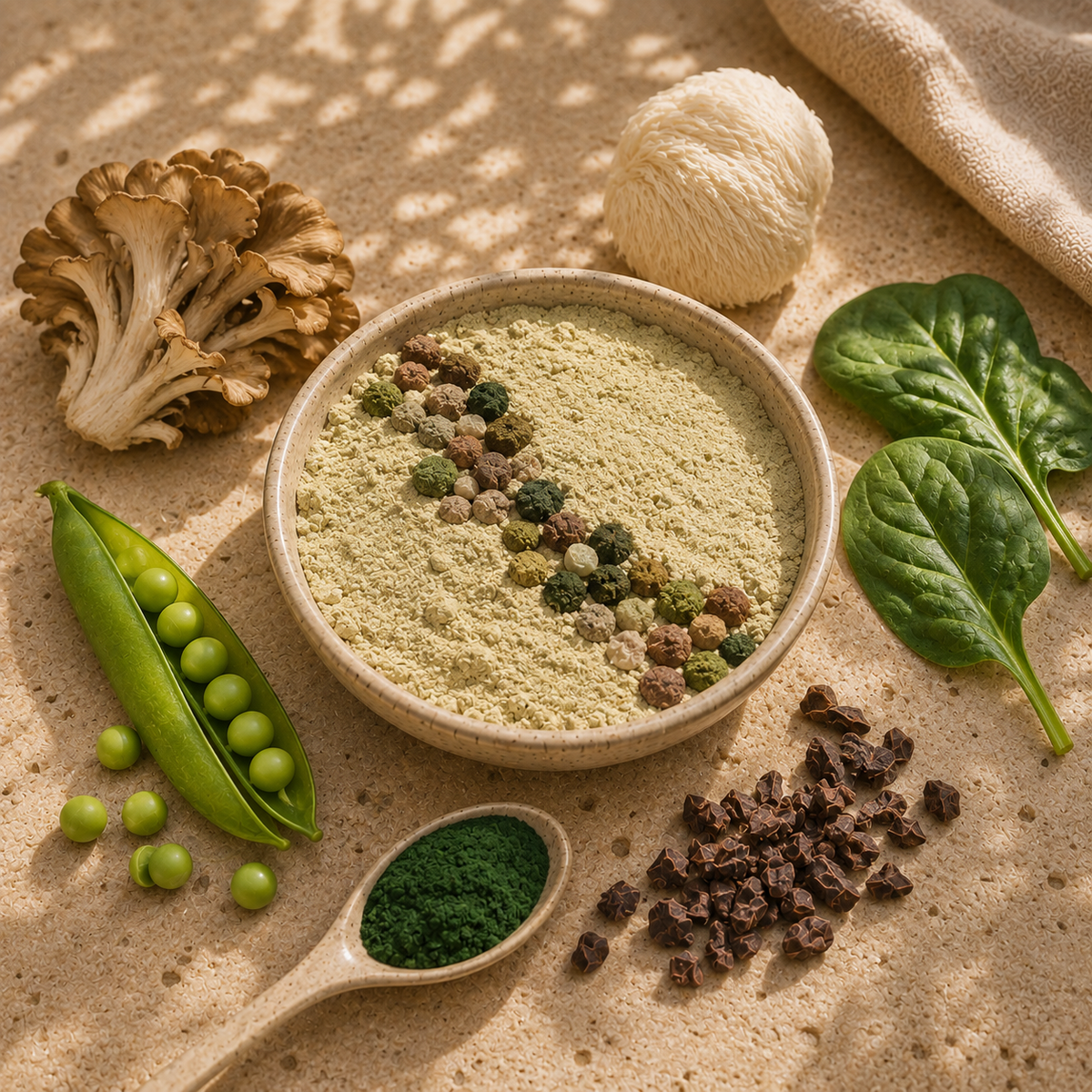 Blended Ritual Awakening amino acid blend featuring plant-based ingredients, mushrooms, green peas, spinach, cacao nibs and green superfood powder, arranged on a natural stone surface.