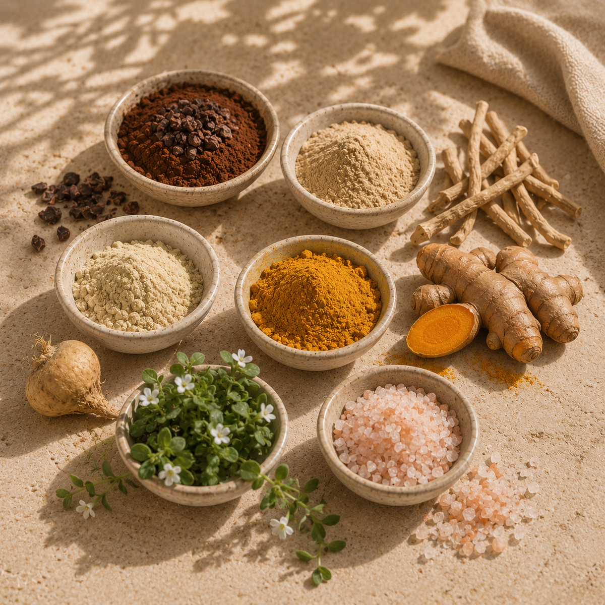 Blended Ritual Awakening Ayurvedic Spice Blend featuring cacao, maca, ashwagandha root, turmeric, Bacopa monnieri and Himalayan pink salt, arranged in ceramic bowls on a natural stone surface.