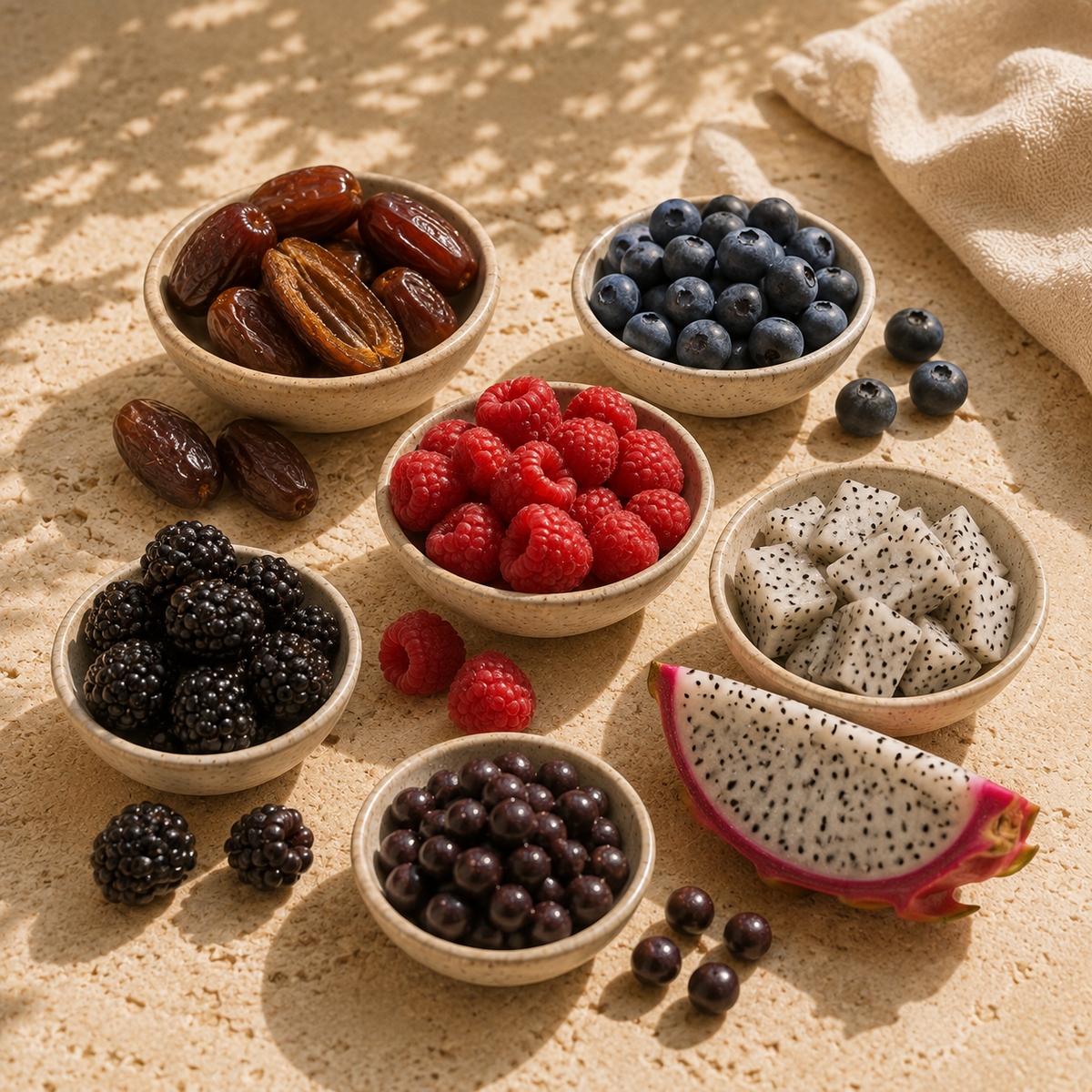 Blended Ritual Awakening Fruit Blend featuring dates, blueberries, raspberries, blackberries, açaí berries and dragon fruit, arranged in ceramic bowls on a natural stone surface.