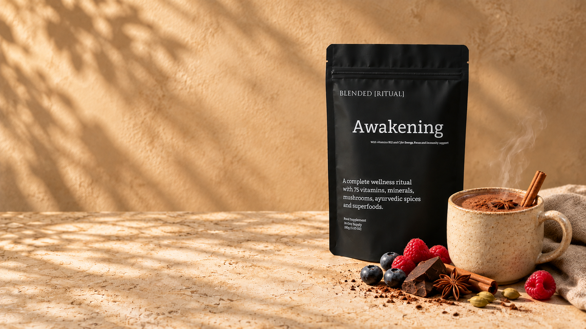 Meet Awakening: a warming chocolate chai with 80% less caffeine than coffee, plus vitamins, minerals, mushrooms and superfoods. Discover your new daily ritual.