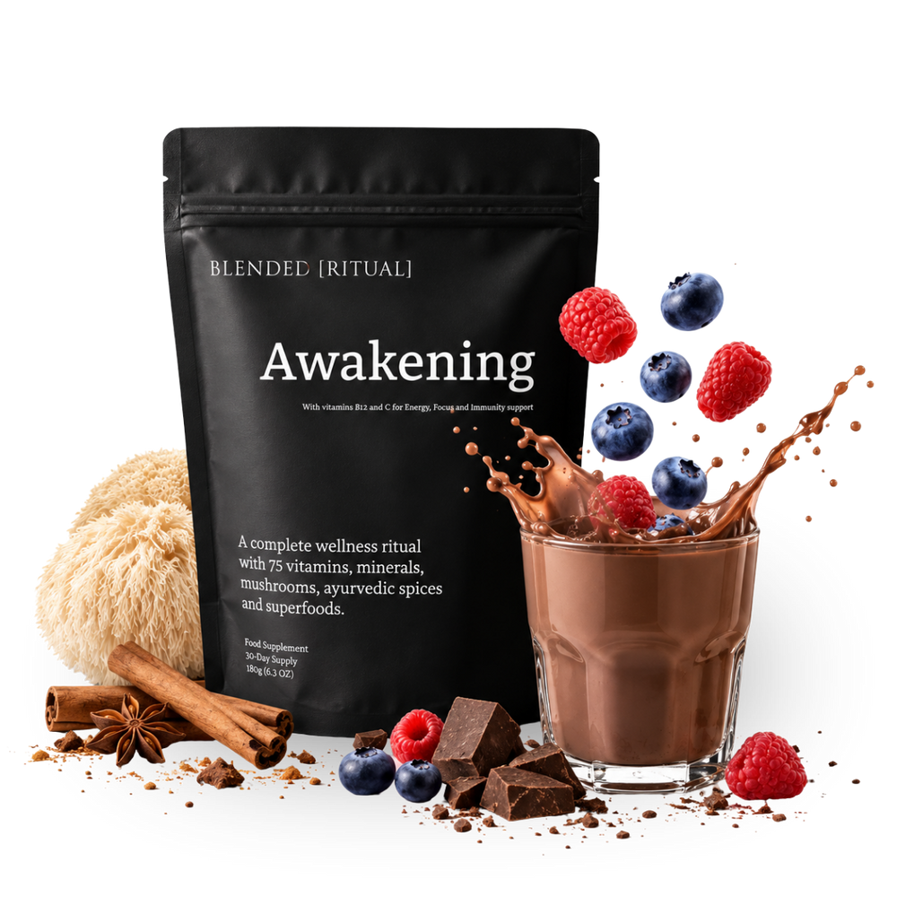 Blended Ritual Awakening chocolate chai coffee alternative with superfoods, mushrooms, blueberries, raspberries, dark chocolate and chai spices.