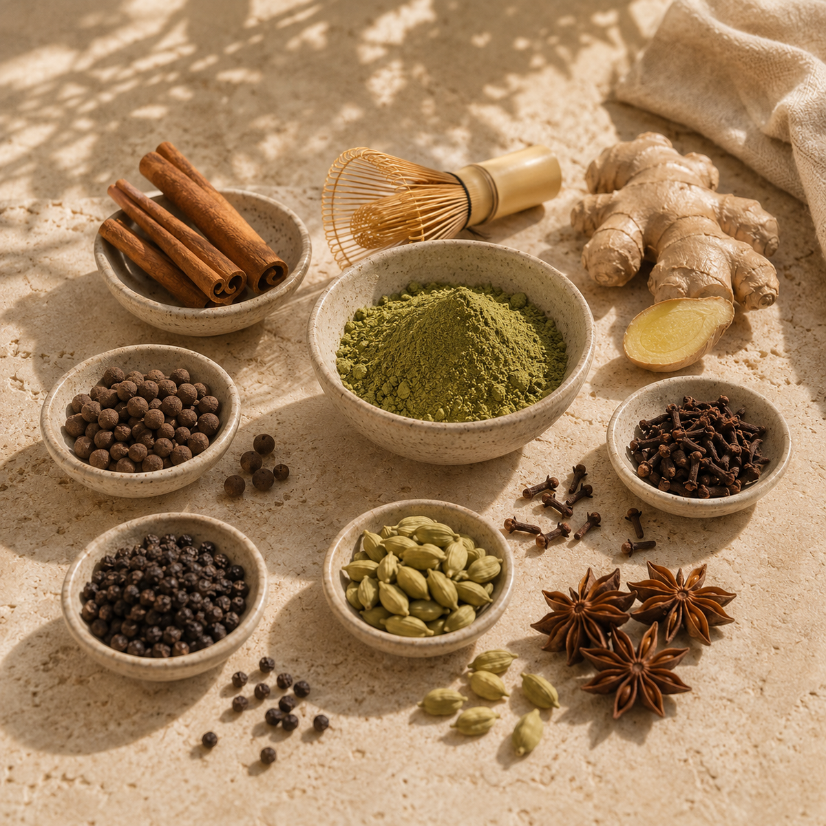 Green Masala Chai Blend ingredients for Blended Ritual Awakening, featuring matcha, cinnamon, ginger, cardamom, cloves, star anise and black pepper.