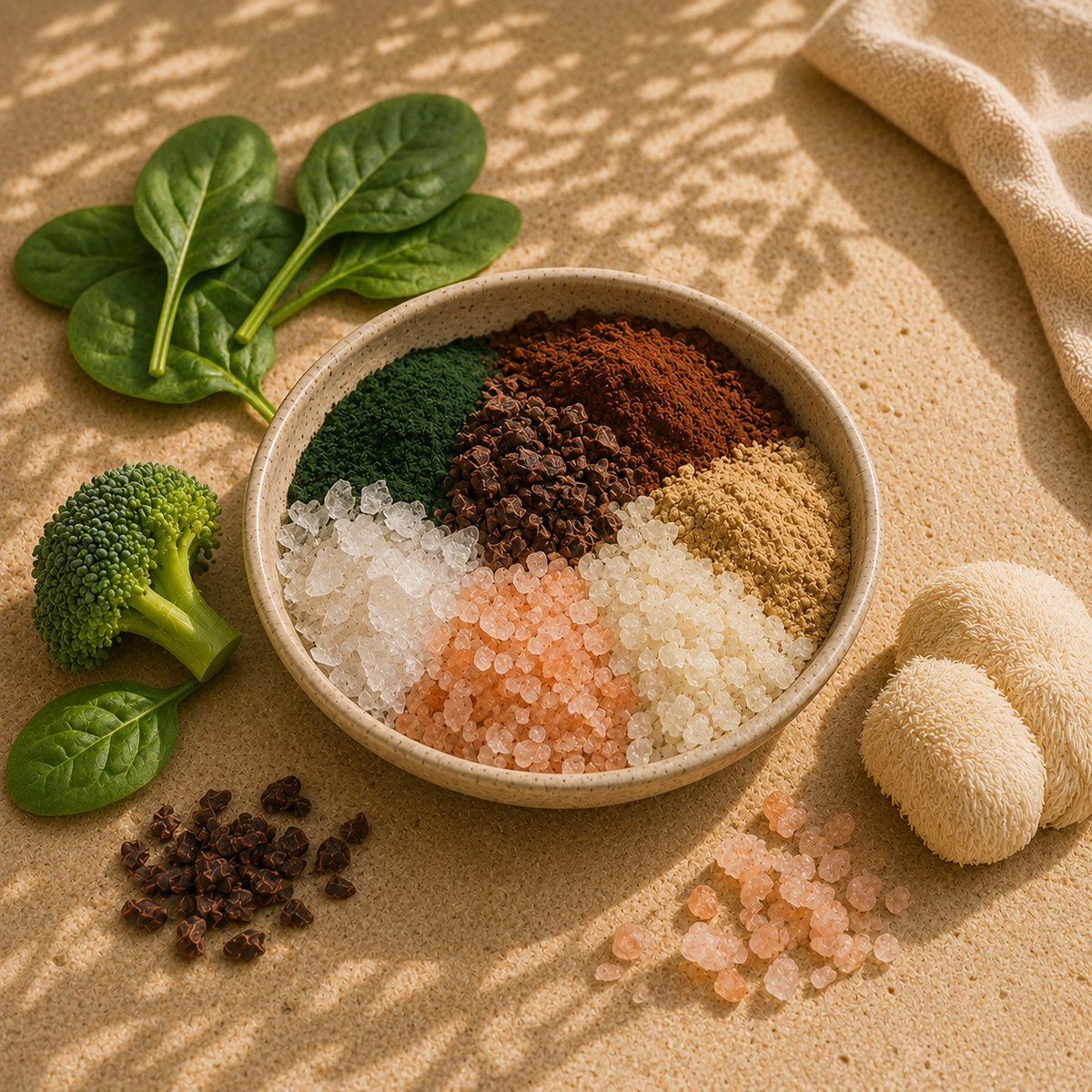 Blended Ritual Awakening mineral blend with zinc, magnesium and copper, illustrated by mineral-rich ingredients including spinach, broccoli, cacao, Lion's Mane mushroom and Himalayan pink salt on a natural stone surface.