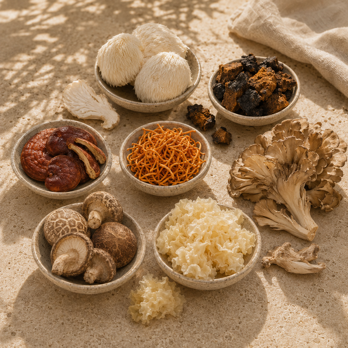 Blended Ritual Awakening Mushroom Blend featuring Lion's Mane, Reishi, Chaga, Cordyceps, Shiitake, Maitake and Tremella mushrooms, arranged in ceramic bowls on a natural stone surface.