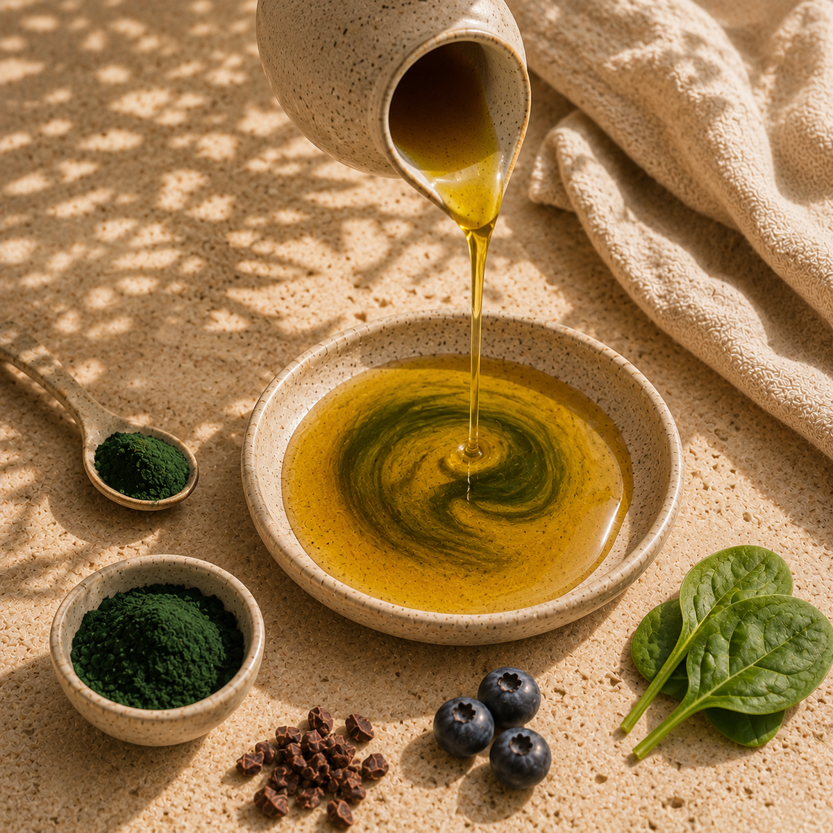 Blended Ritual Awakening omega fatty acids illustration featuring golden oil poured into a ceramic bowl, surrounded by green superfood powders, spinach, blueberries and cacao nibs on a natural stone surface.