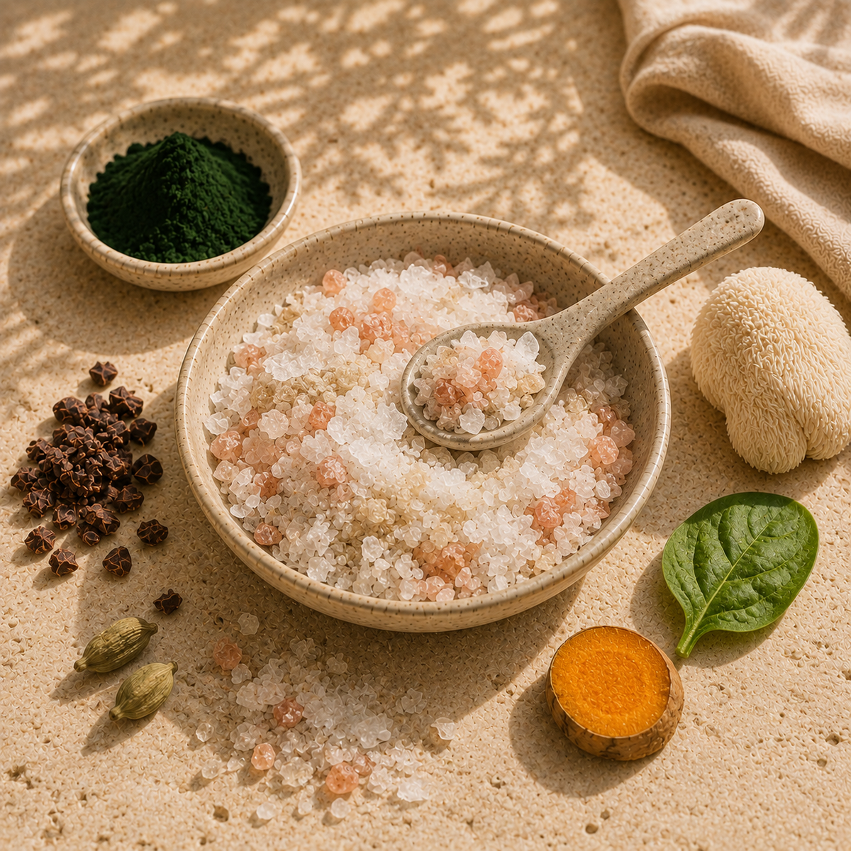 Blended Ritual Awakening trace minerals illustration featuring natural sea salt crystals in a ceramic bowl, surrounded by spirulina, cacao nibs, cardamom, turmeric, spinach and Lion's Mane mushroom on a natural stone surface.