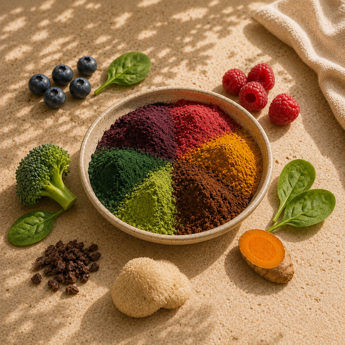 Blended Ritual Awakening vitamin blend featuring colorful superfood powders, blueberries, raspberries, spinach, broccoli, turmeric, cacao and Lion's Mane mushroom, arranged on a natural stone surface.