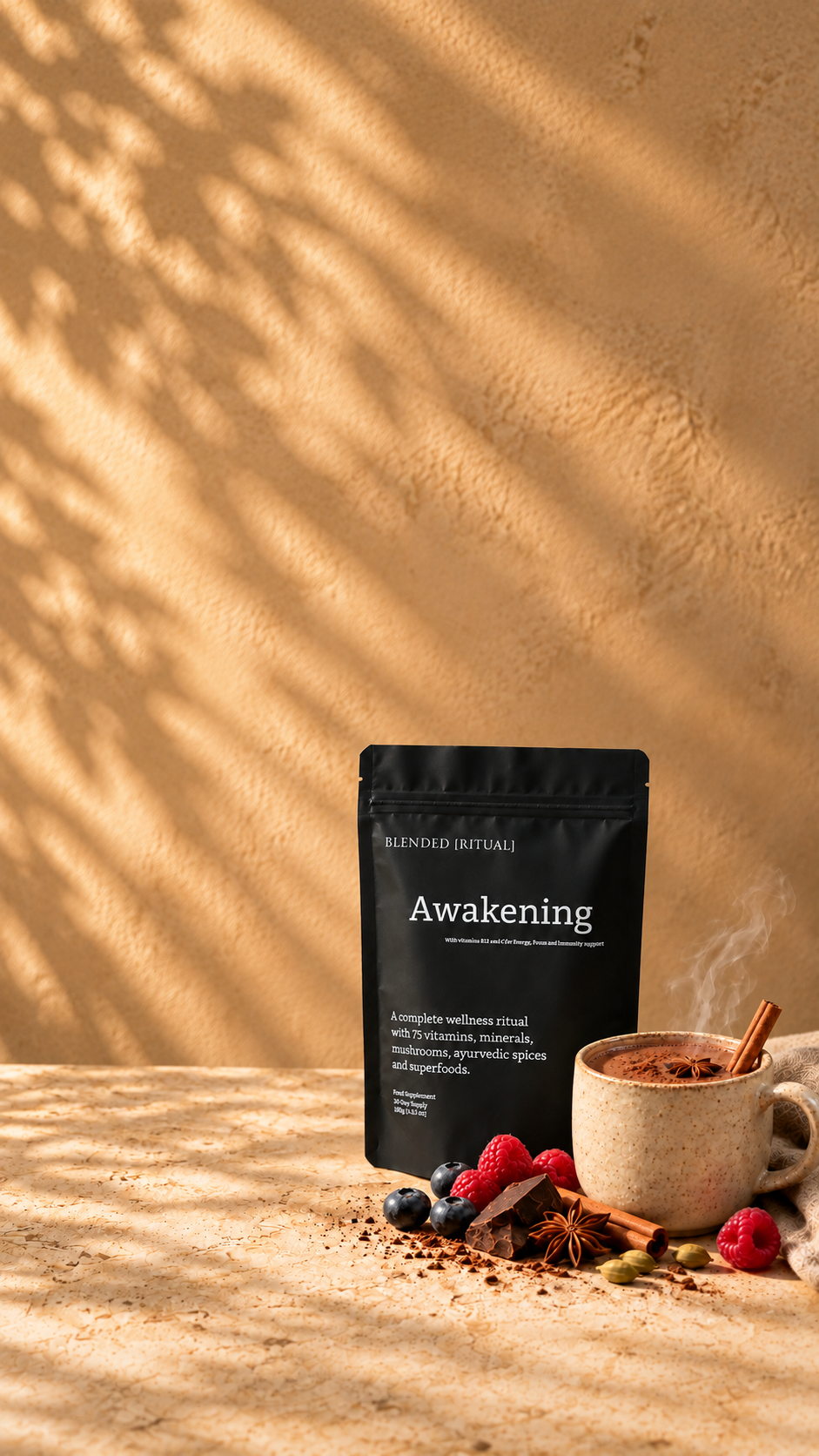 Meet Awakening: a warming chocolate chai with 80% less caffeine than coffee, plus vitamins, minerals, mushrooms and superfoods. Discover your new daily ritual.